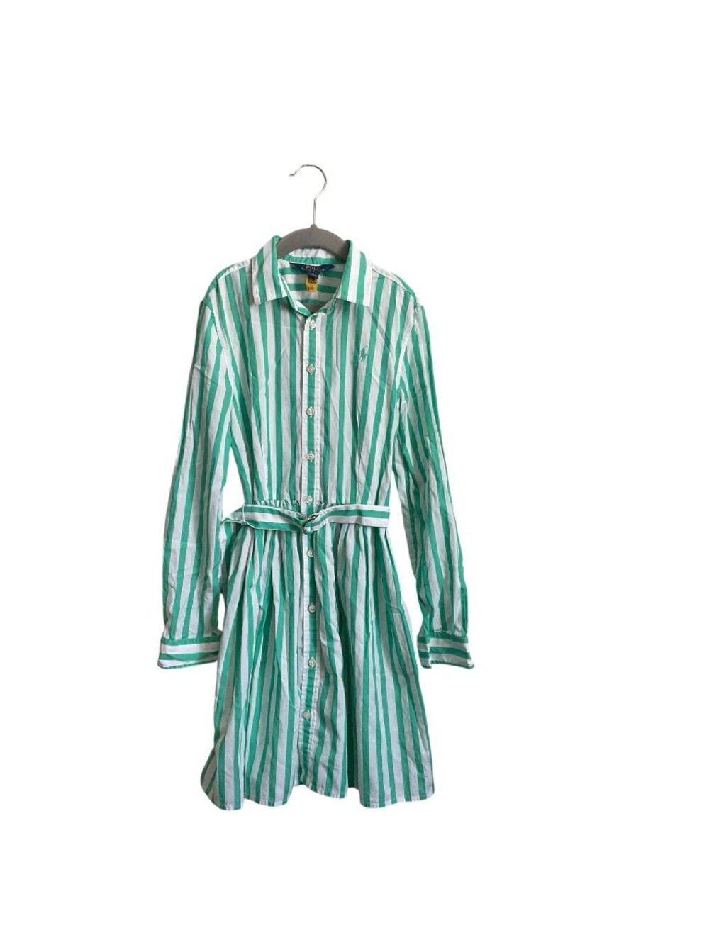 Polo Ralph Lauren Girls Shirt Dress Size 12 Green White Stripe Belted